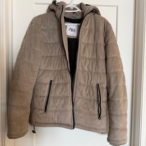Zara Taupe Quilted Hooded Jacket
